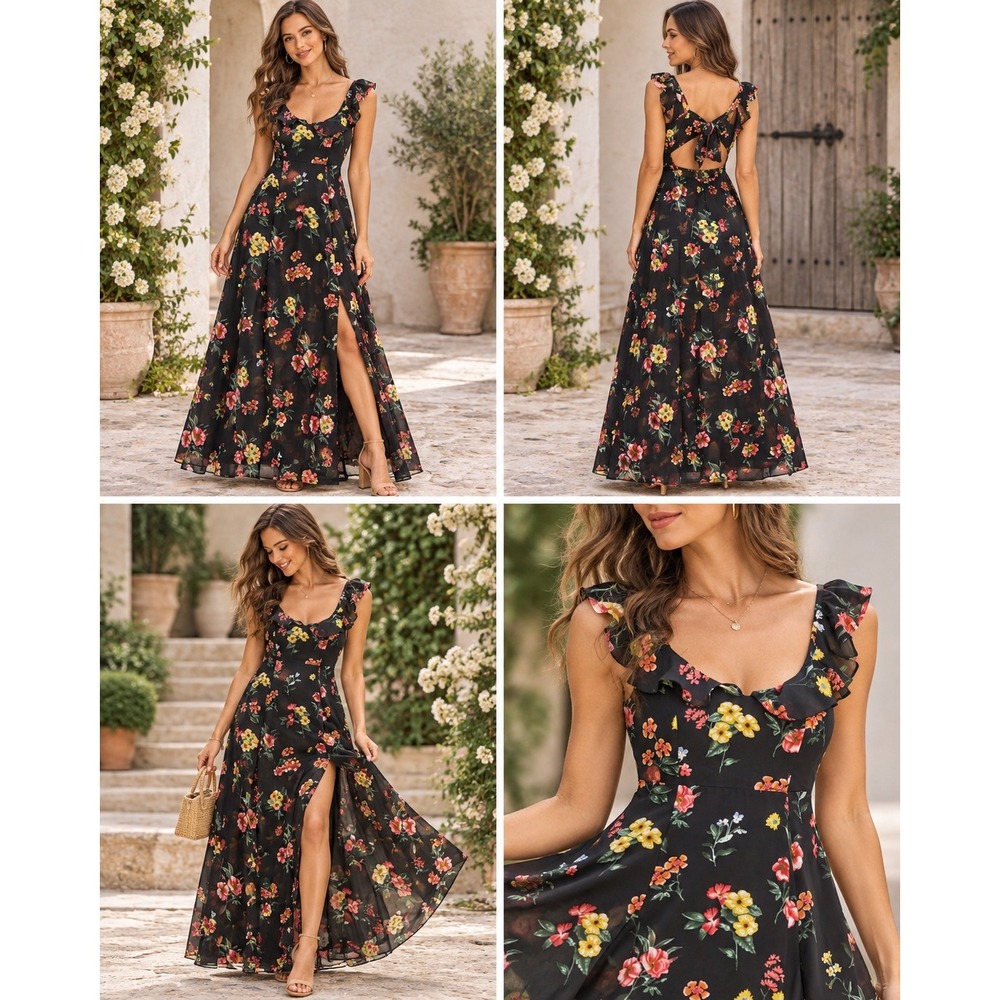 Forever 21 Contemporary Black Floral Maxi Dress Ruffle Tie Back Slit Small